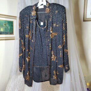 JUDITH ANN CREATIONS Vintage L Black Silk Sequined Jacket Tank Top Set Buttons